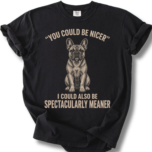 French Bulldog Guard Dog design on a Black Comfort Colors T-shirt, shown flat