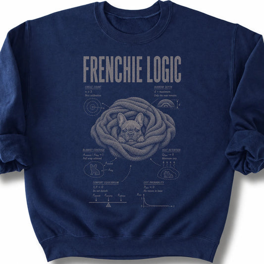 French Bulldog Logic on a Navy crewneck sweatshirt, shown flat