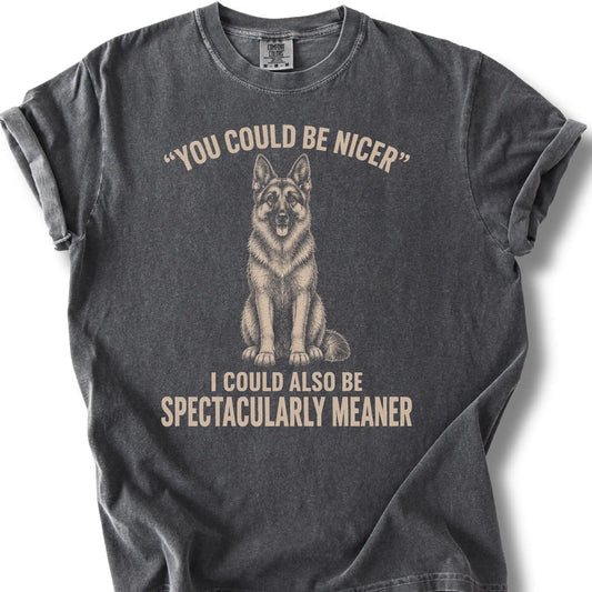 German Shepherd Guard Dog design on a Pepper Comfort Colors T-shirt, shown flat