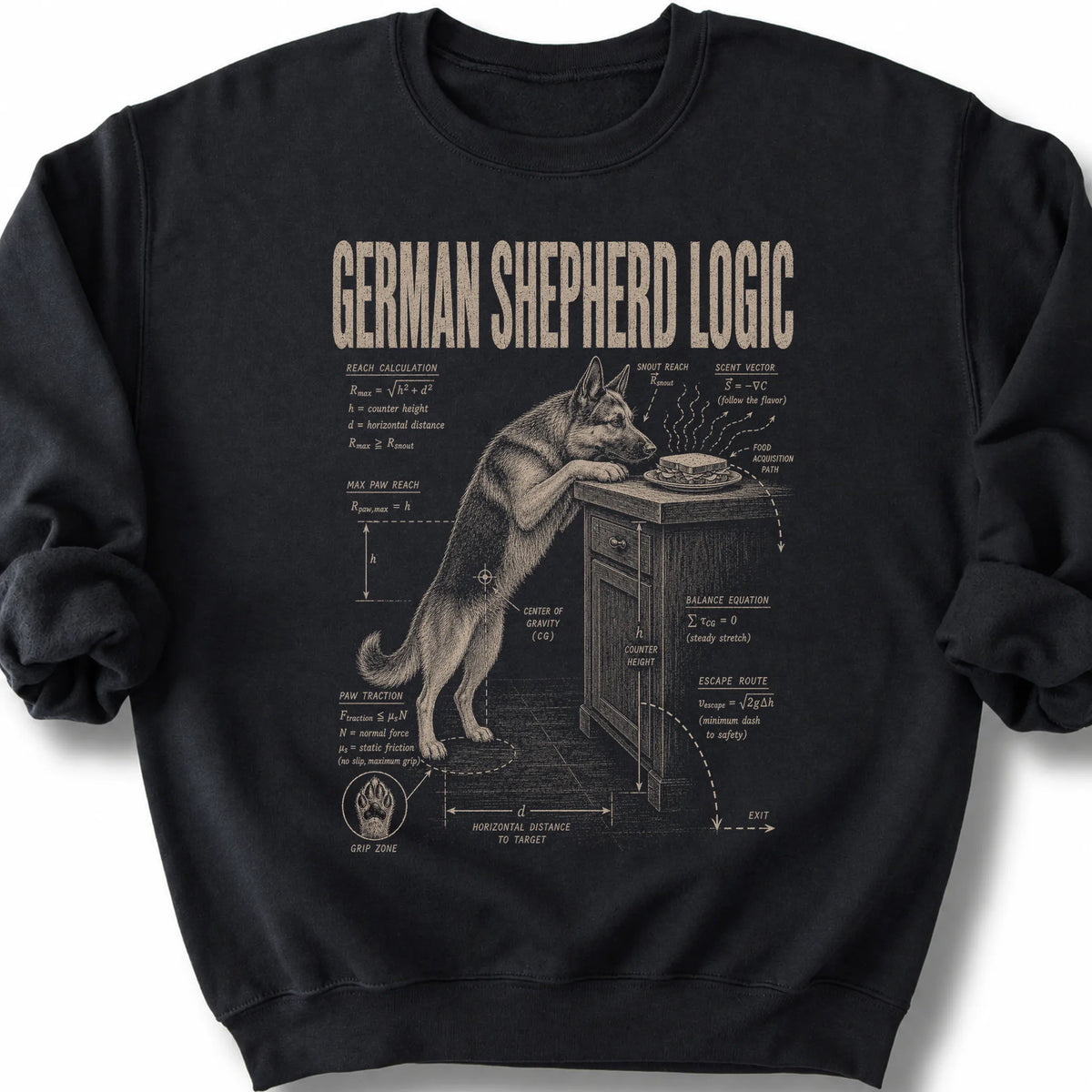 German Shepherd Logic on a Black crewneck sweatshirt, shown flat