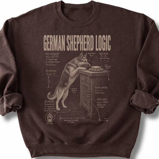 German Shepherd Logic on a Dark Chocolate crewneck sweatshirt, shown flat