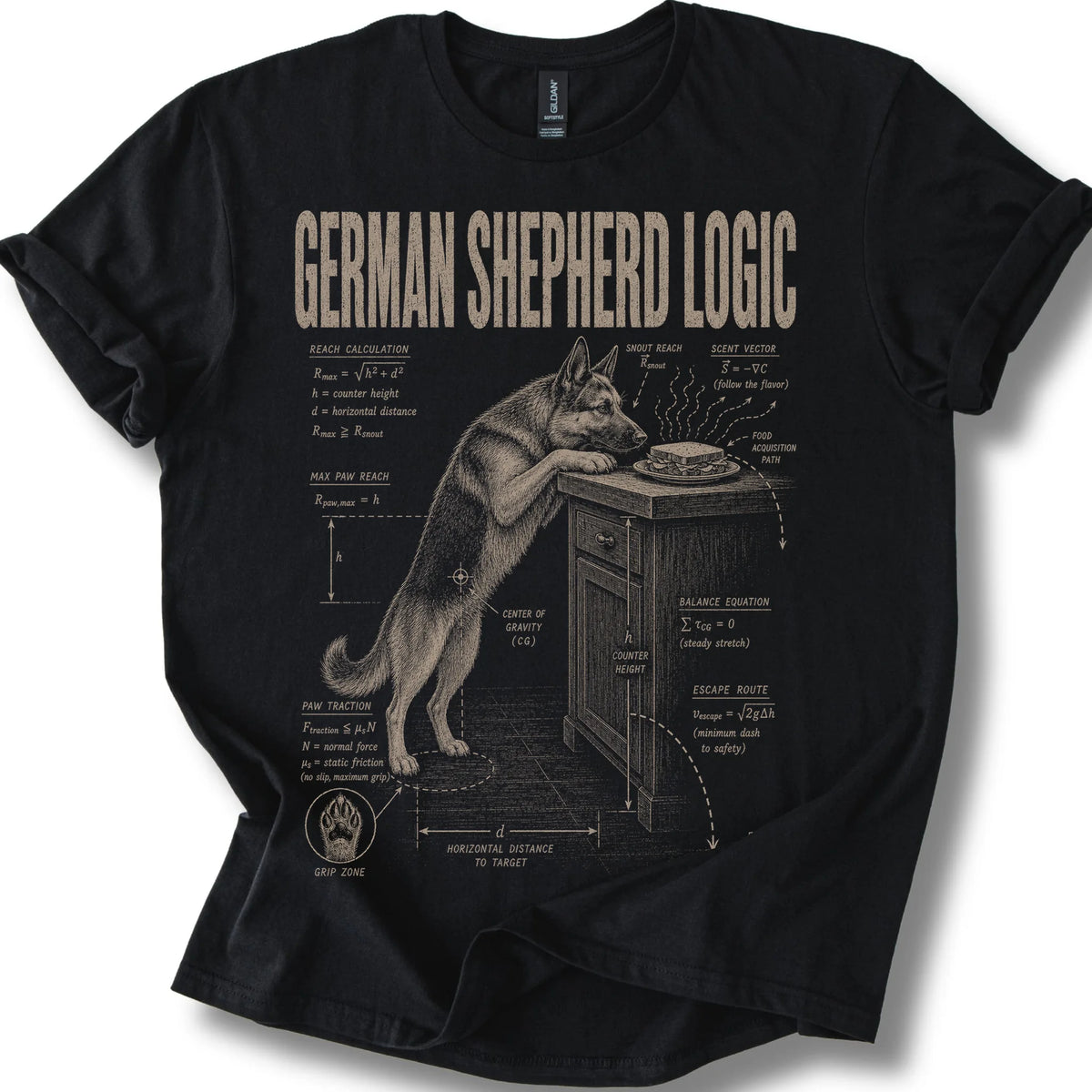 German Shepherd Logic on a Black T-shirt, shown flat