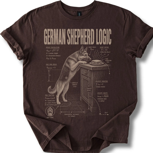 German Shepherd Logic on a Dark Chocolate T-shirt, shown flat