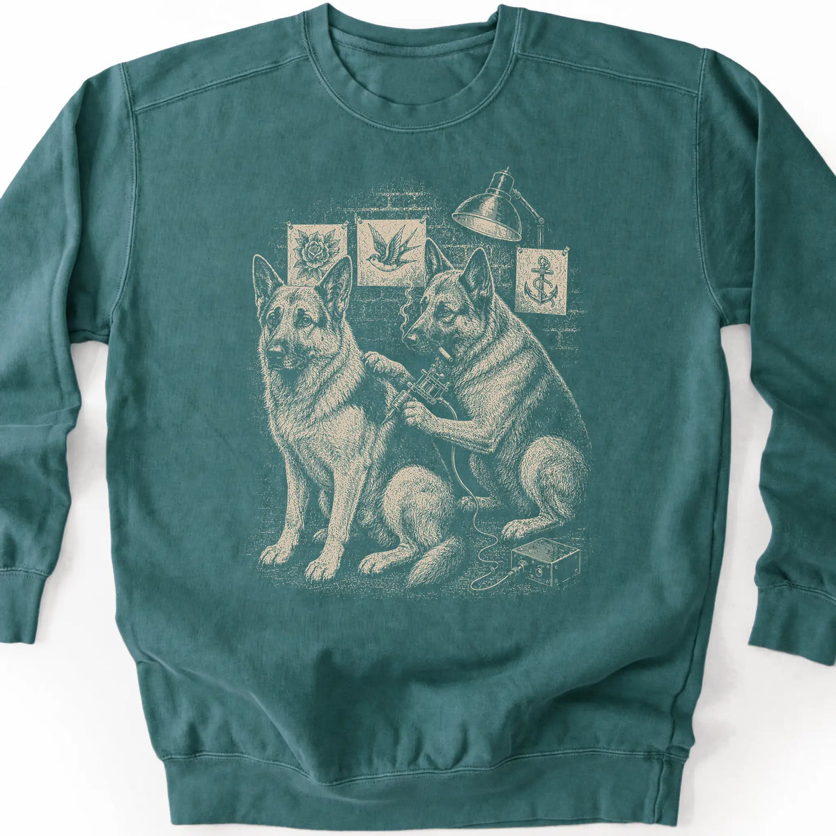 German Shepherd Tattoo on a Blue Spruce crewneck sweatshirt, shown flat