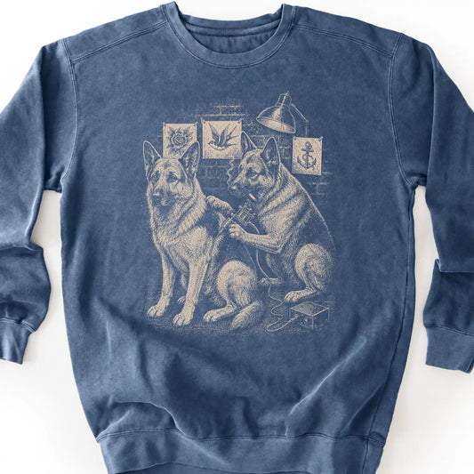 German Shepherd Tattoo on a Denim crewneck sweatshirt, shown flat