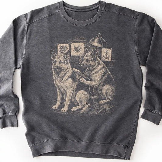 German Shepherd Tattoo on a Pepper crewneck sweatshirt, shown flat