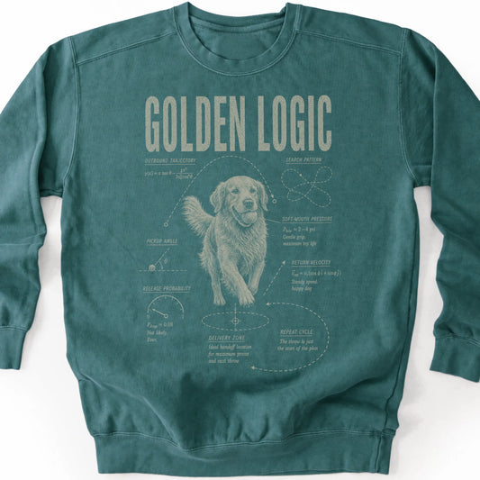 Golden Retriever Logic on a Blue Spruce crewneck sweatshirt, shown flat