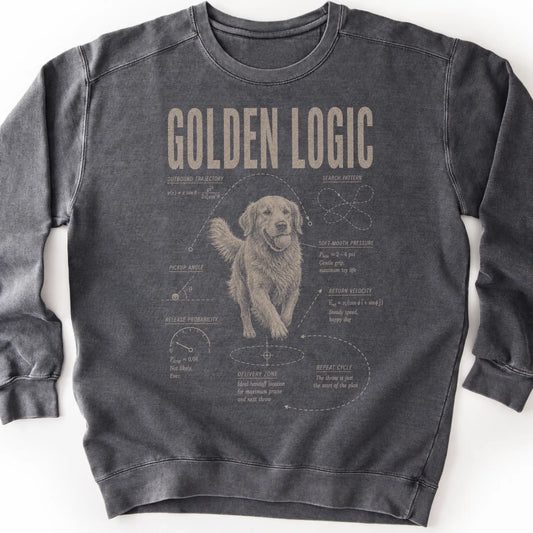 Golden Retriever Logic on a Pepper crewneck sweatshirt, shown flat