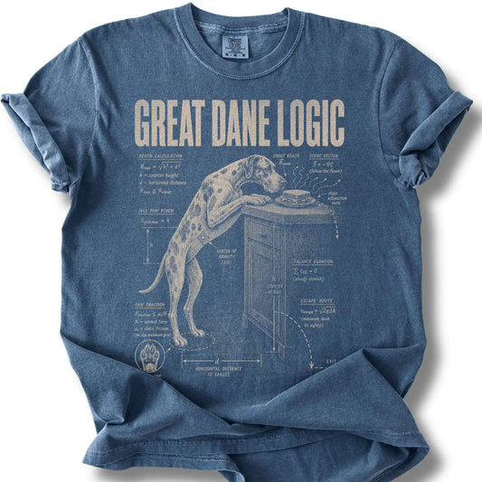 Great Dane Logic design on a Denim Comfort Colors T-shirt, shown flat