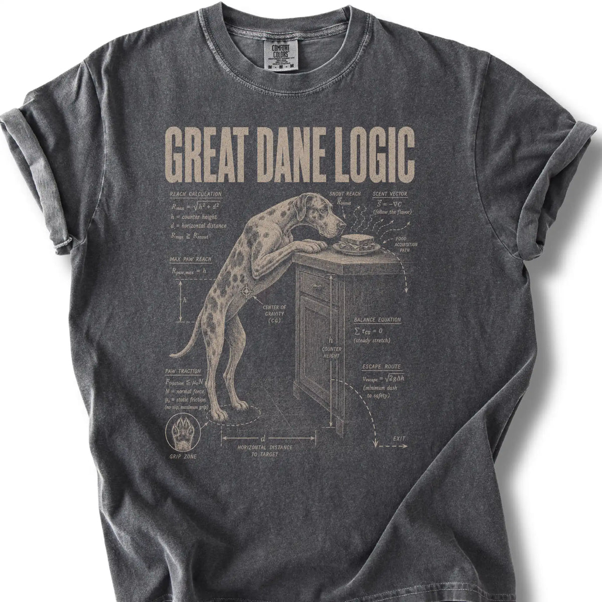 Great Dane Logic design on a Pepper Comfort Colors T-shirt, shown flat