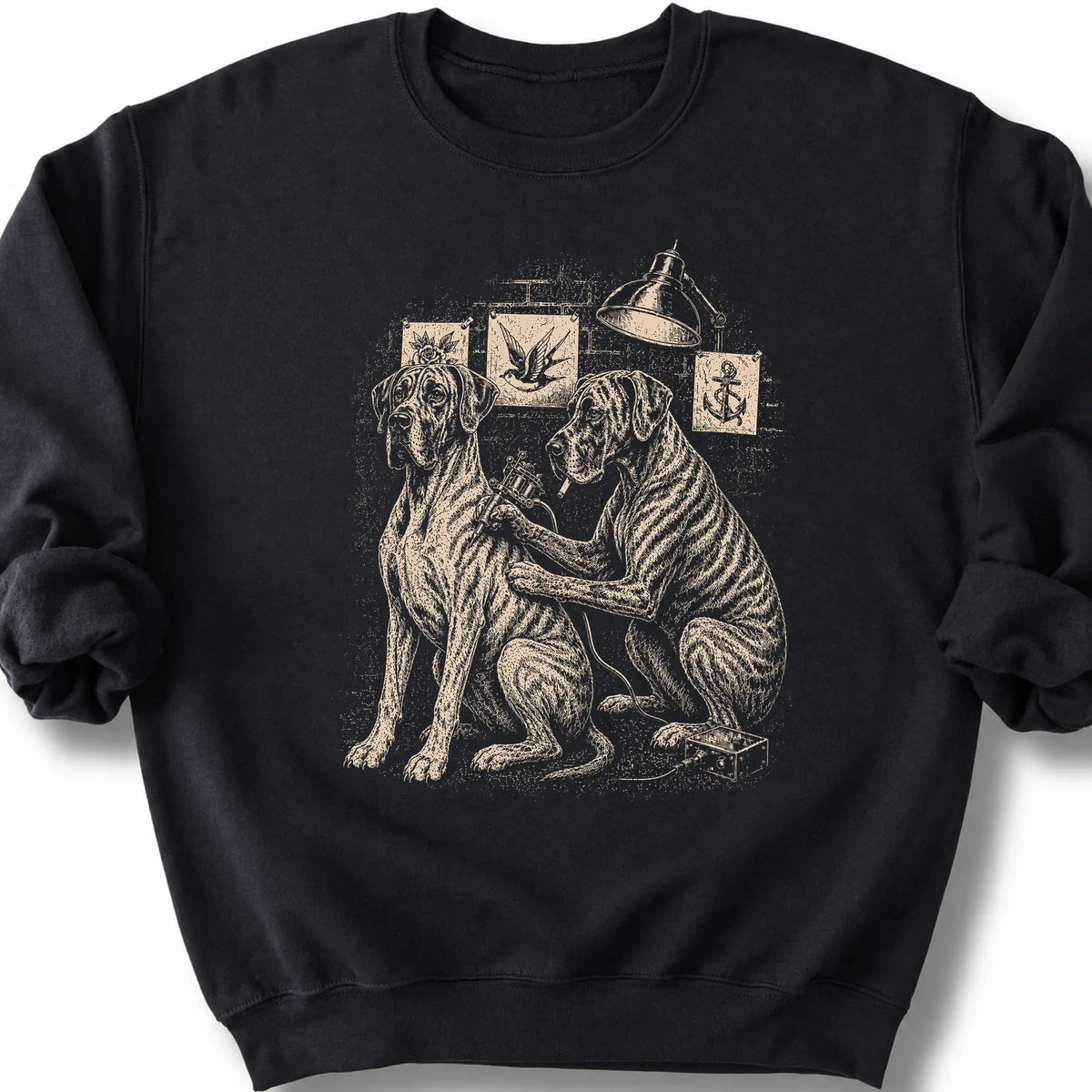 Great Dane Tattoo on a Black crewneck sweatshirt, shown flat