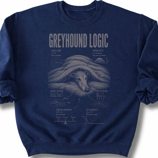 Greyhound Logic on a Navy crewneck sweatshirt, shown flat
