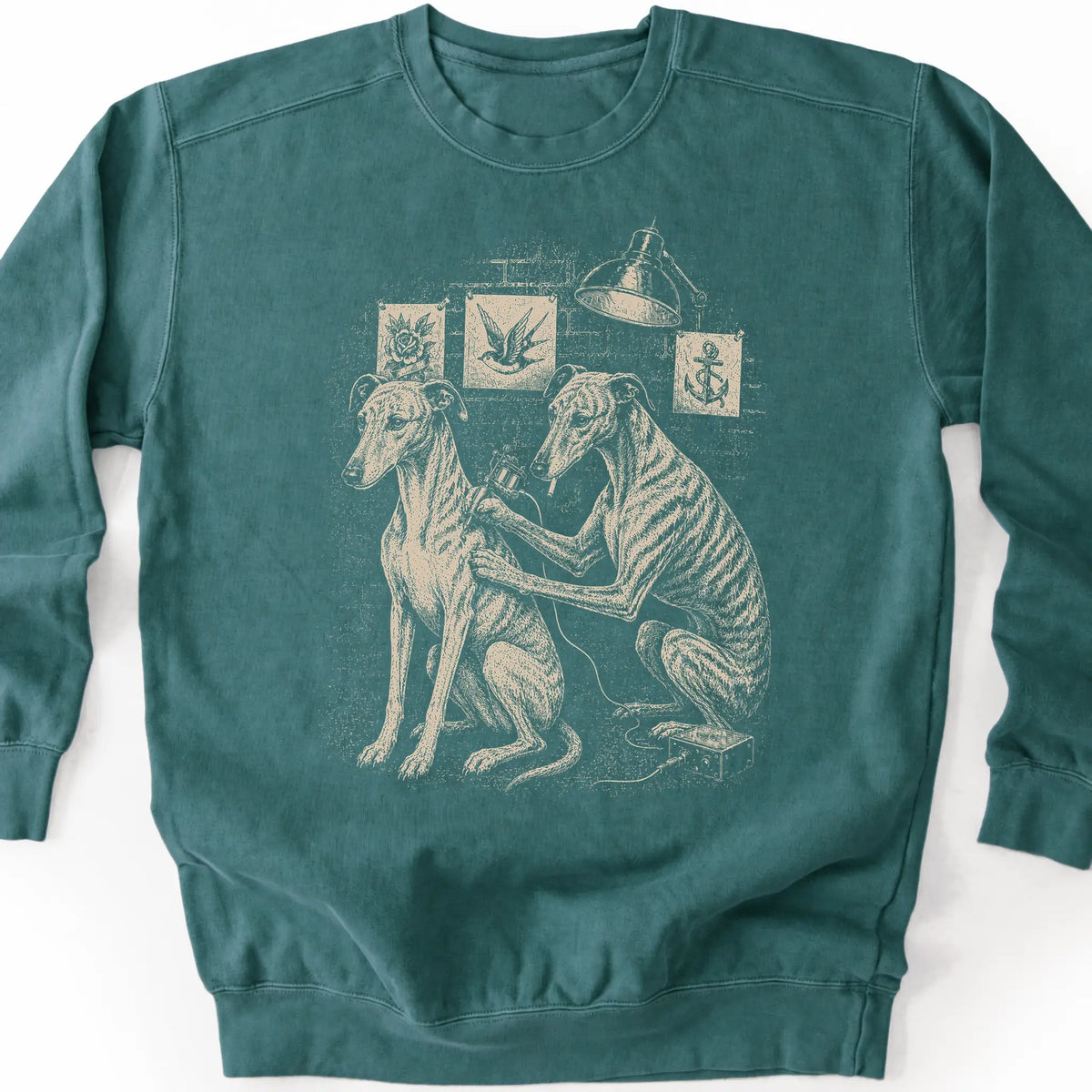 Greyhound Tattoo on a Blue Spruce crewneck sweatshirt, shown flat
