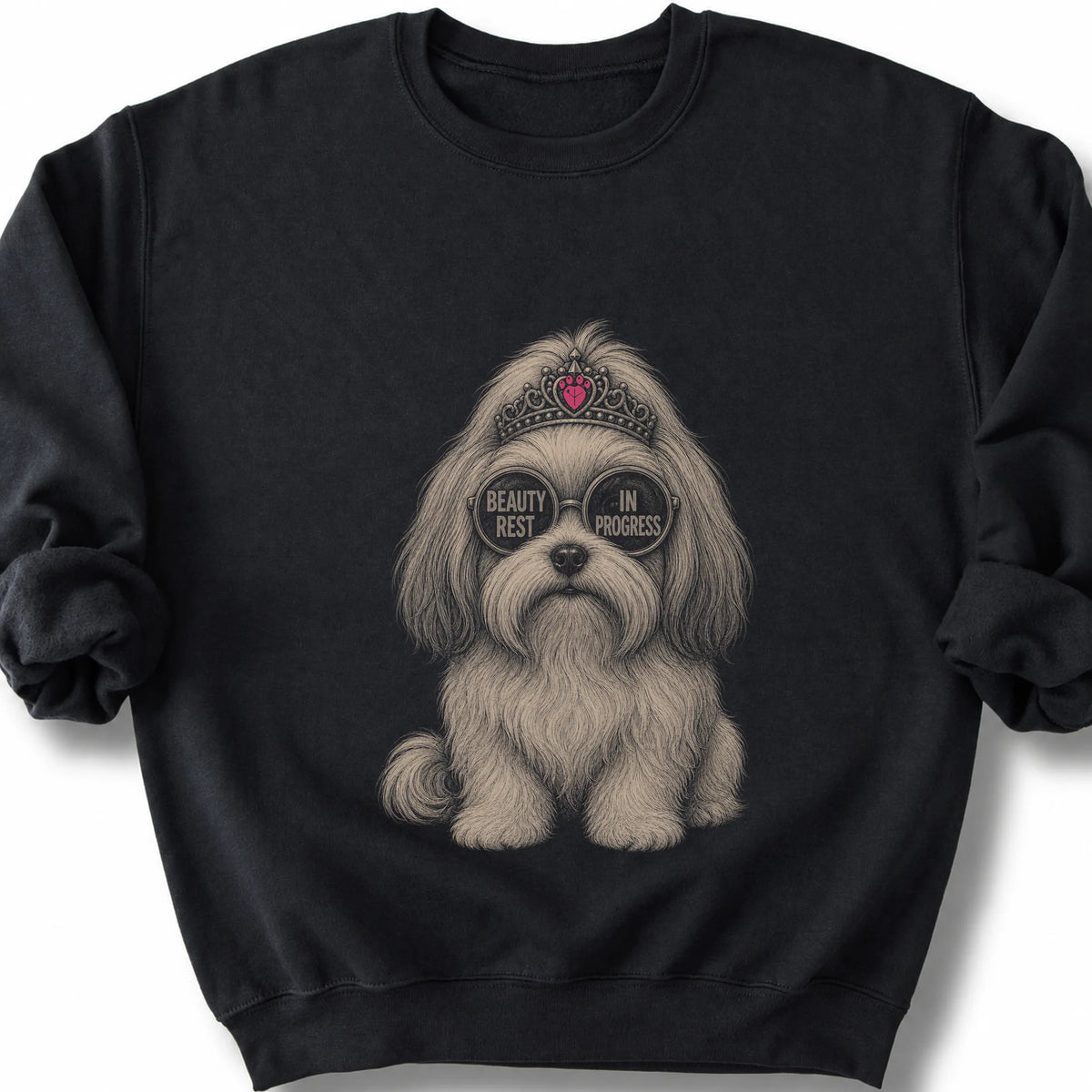 Havanese Beauty Rest In Progress on a Black crewneck sweatshirt, shown flat