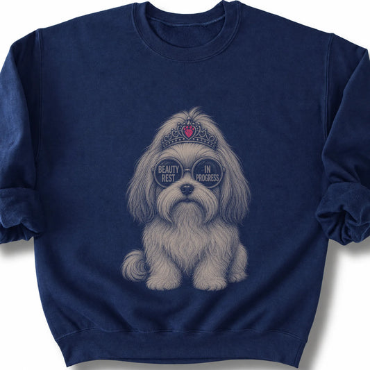 Havanese Beauty Rest In Progress on a Navy crewneck sweatshirt, shown flat