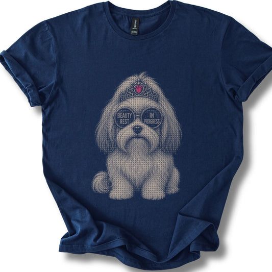 Havanese Beauty Rest In Progress on a Navy T-shirt, shown flat