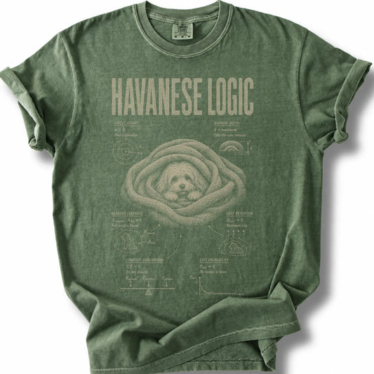 Havanese Logic design on a Moss Comfort Colors T-shirt, shown flat