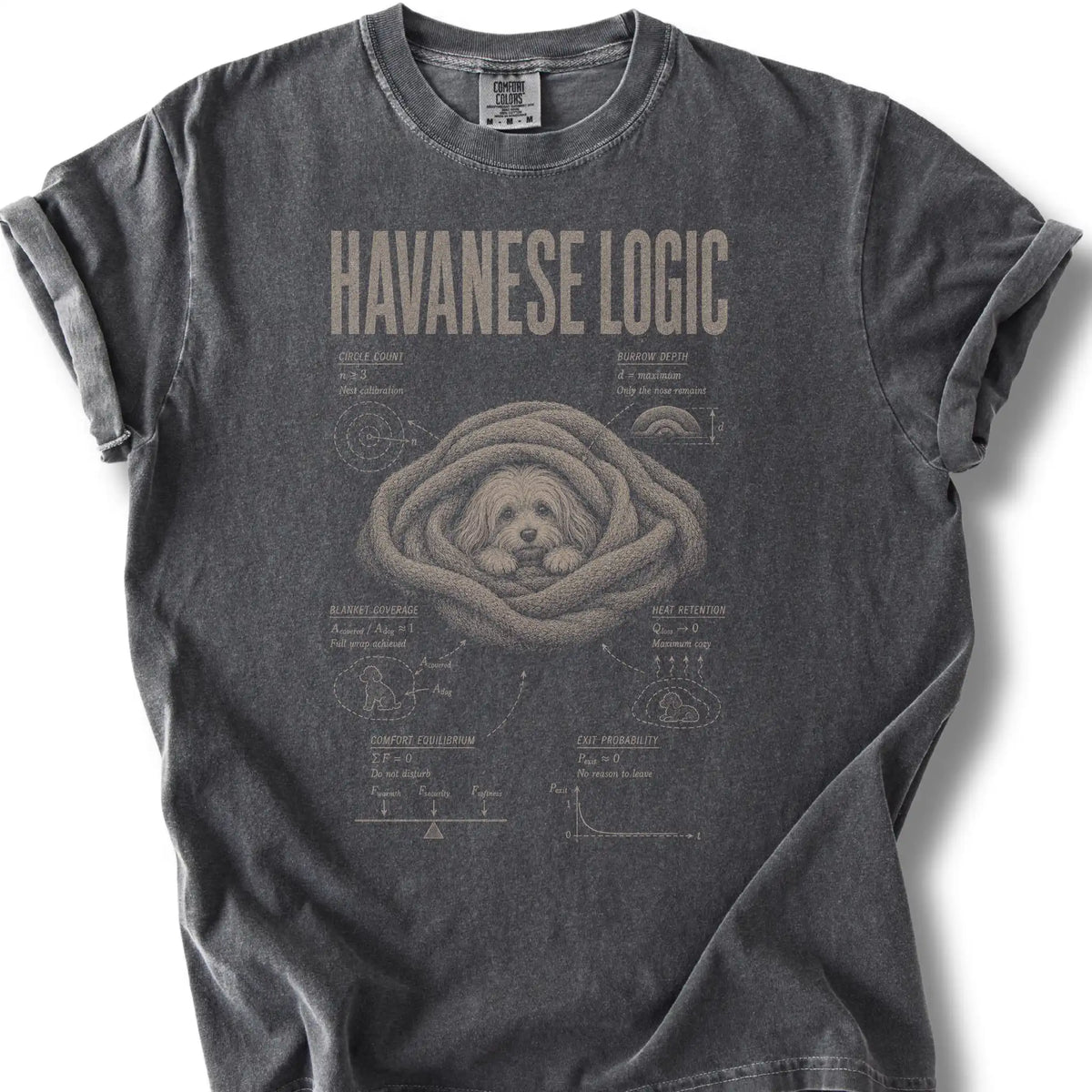 Havanese Logic design on a Pepper Comfort Colors T-shirt, shown flat