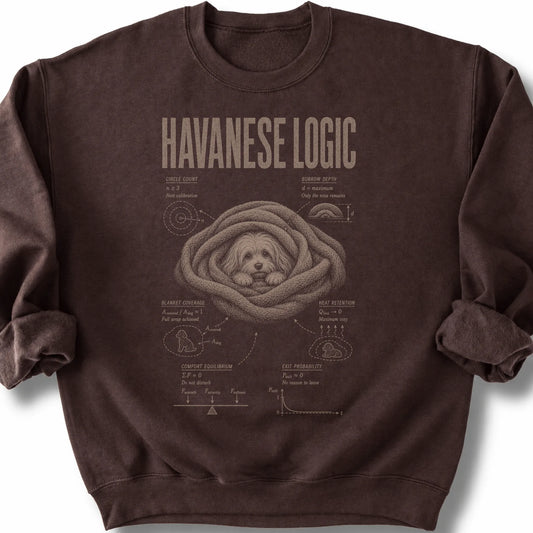 Havanese Logic on a Dark Chocolate crewneck sweatshirt, shown flat