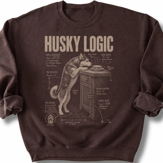 Husky Logic on a Dark Chocolate crewneck sweatshirt, shown flat