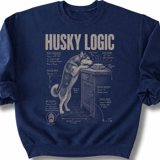 Husky Logic on a Navy crewneck sweatshirt, shown flat