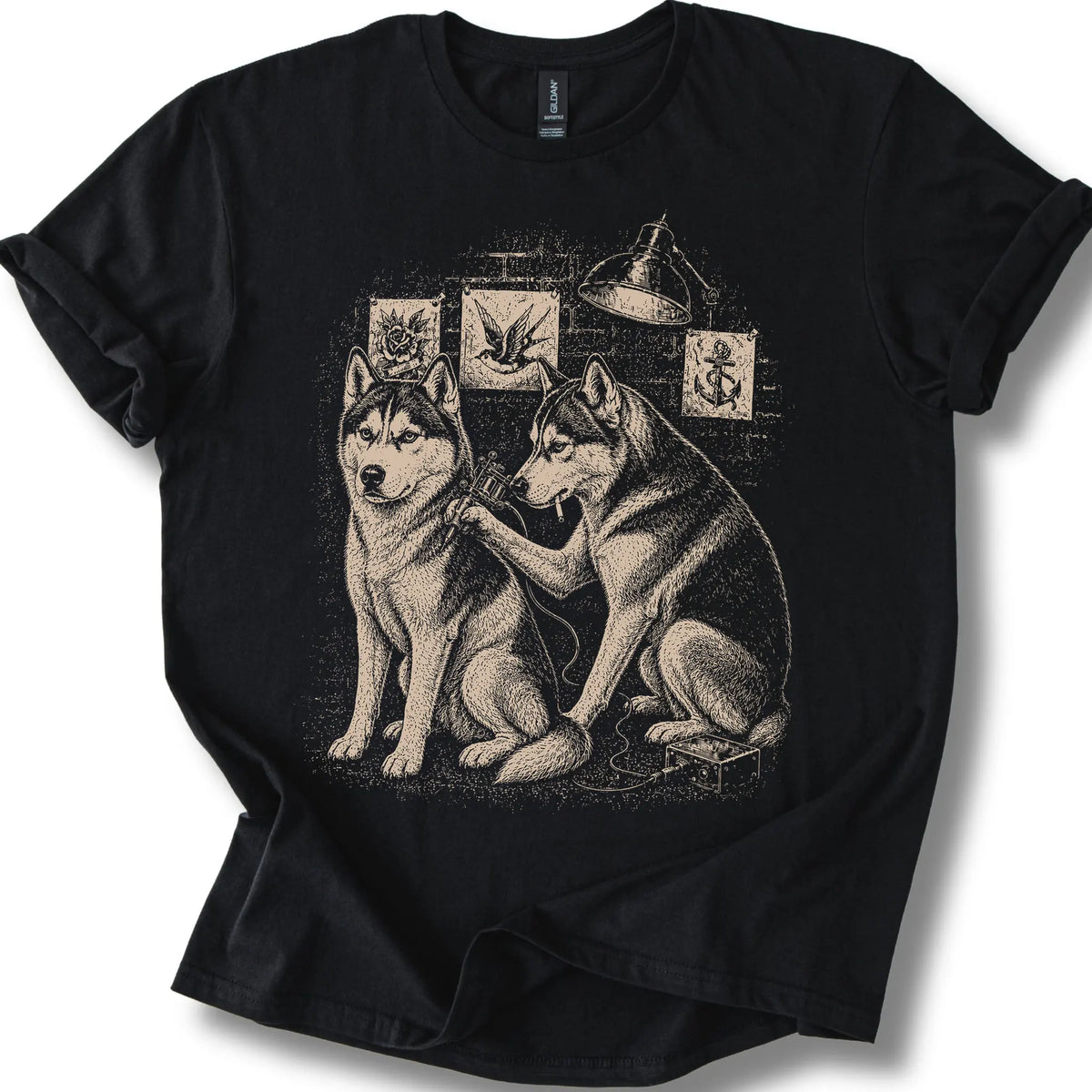 Husky Tattoo on a Black T-shirt, shown flat