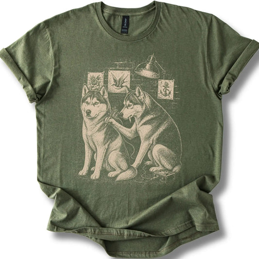 Husky Tattoo on a Military Green T-shirt, shown flat