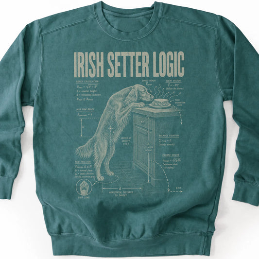 Irish Setter Logic on a Blue Spruce crewneck sweatshirt, shown flat