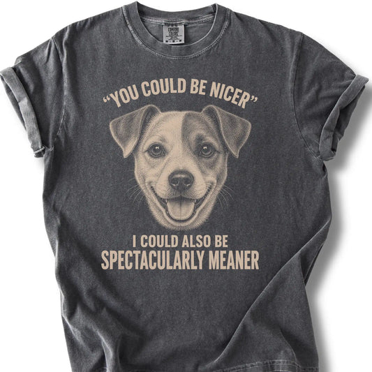 Jack Russell Guard Dog design on a Pepper Comfort Colors T-shirt, shown flat