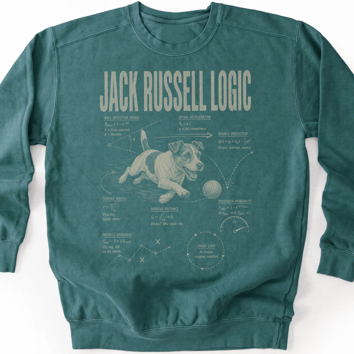 Jack Russell Logic on a Blue Spruce crewneck sweatshirt, shown flat