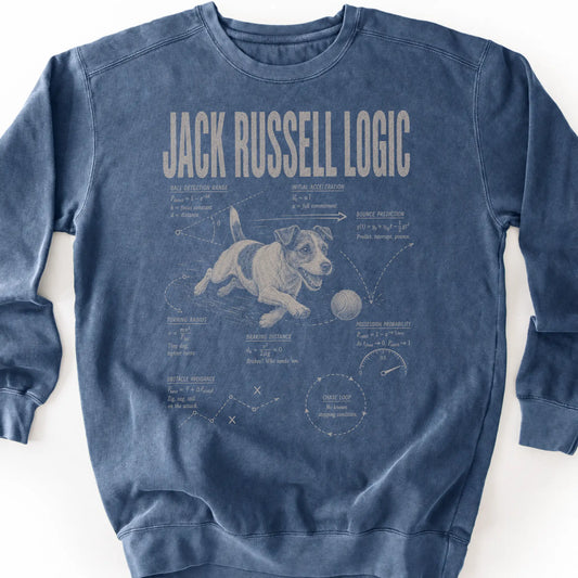 Jack Russell Logic on a Denim crewneck sweatshirt, shown flat