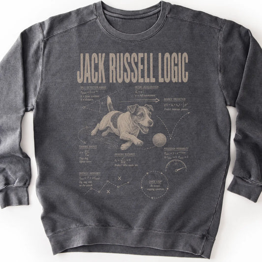 Jack Russell Logic on a Pepper crewneck sweatshirt, shown flat