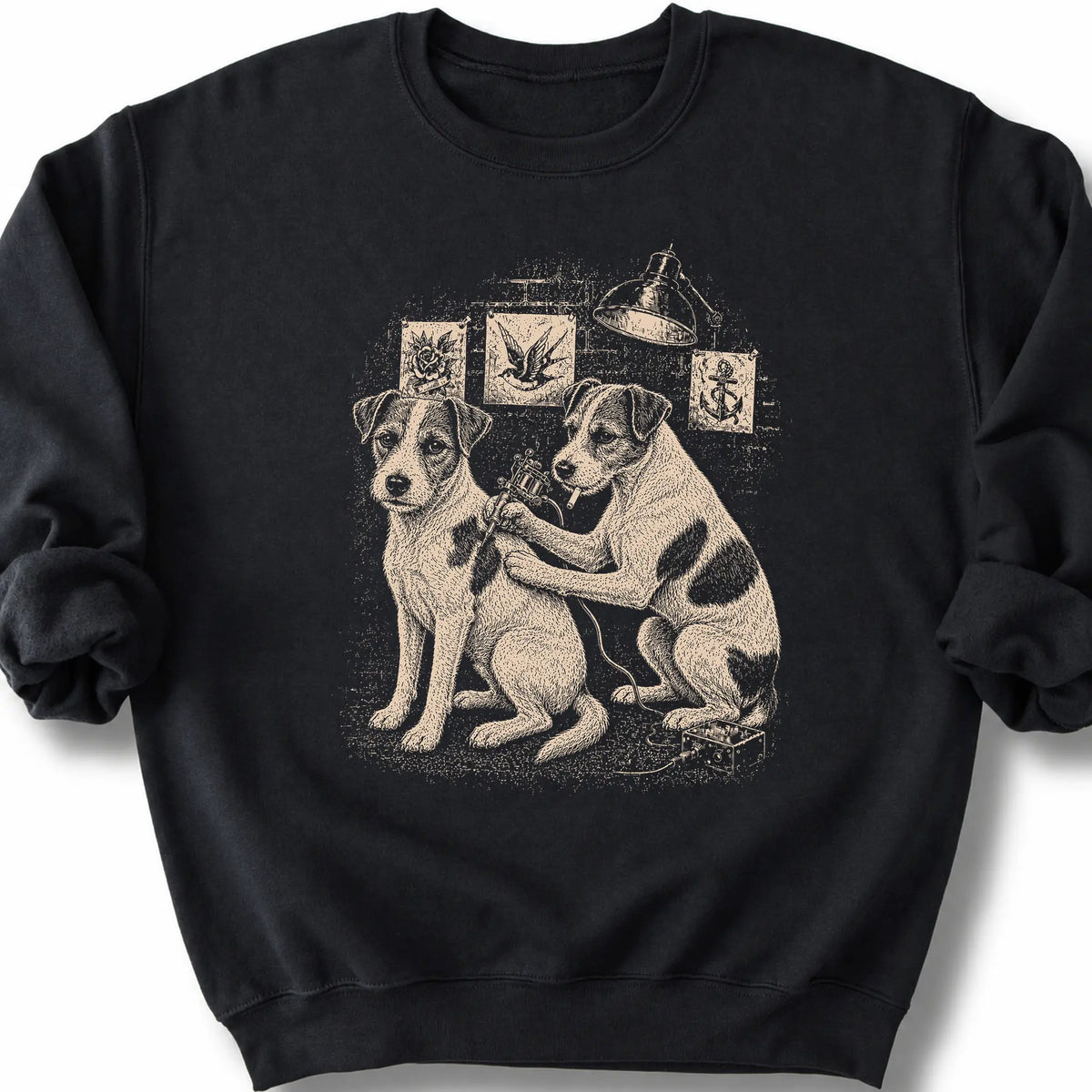Jack Russell Tattoo on a Black crewneck sweatshirt, shown flat