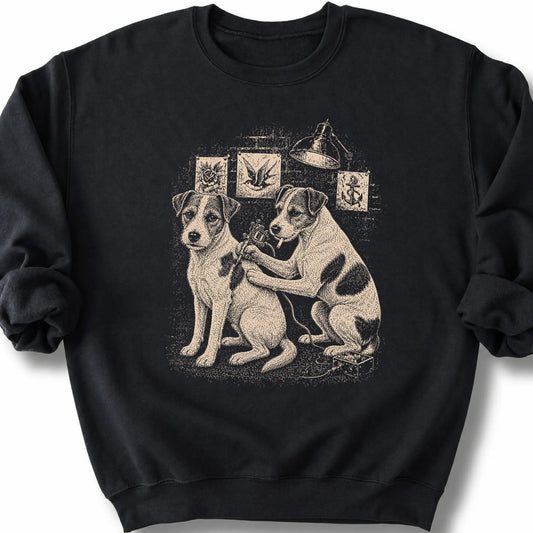 Jack Russell Tattoo on a Black crewneck sweatshirt, shown flat