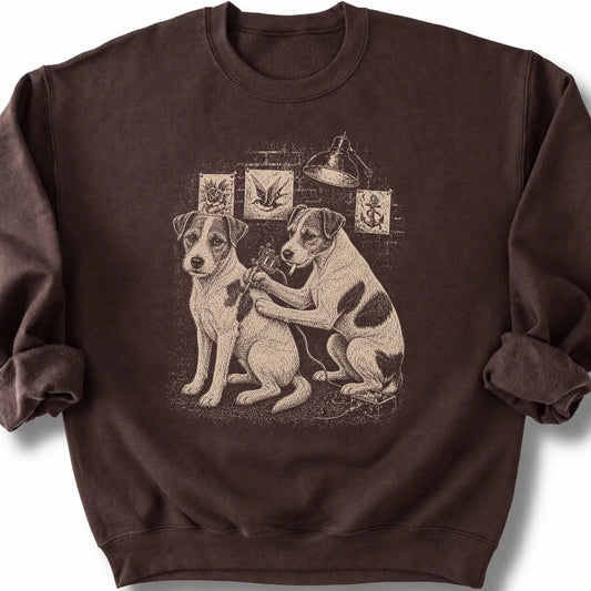 Jack Russell Tattoo on a Dark Chocolate crewneck sweatshirt, shown flat