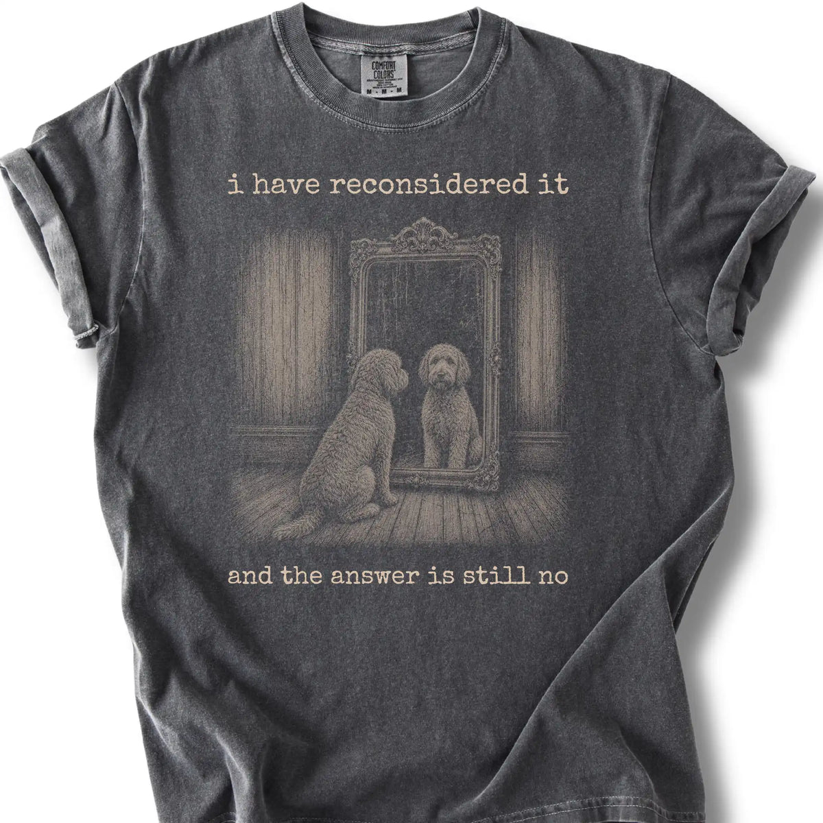 Antisocial Labradoodle design on a Pepper Comfort Colors T-shirt, shown flat