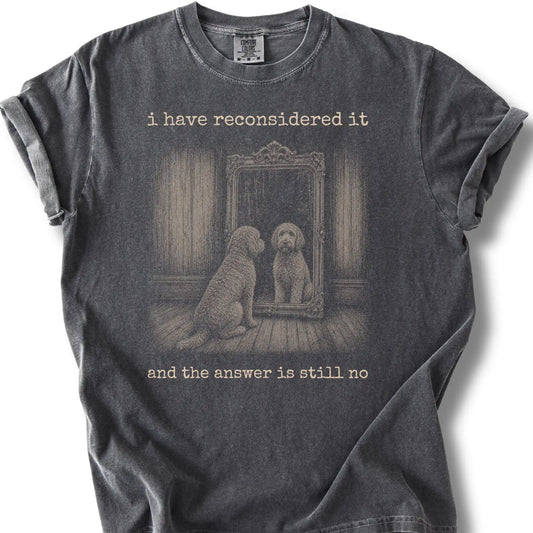 Antisocial Labradoodle design on a Pepper Comfort Colors T-shirt, shown flat