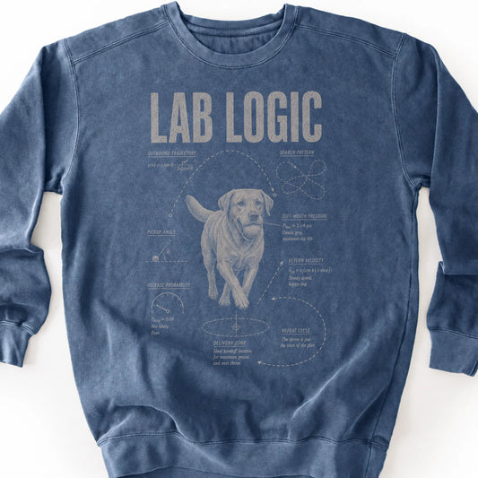 Labrador Retriever Logic on a Denim crewneck sweatshirt, shown flat