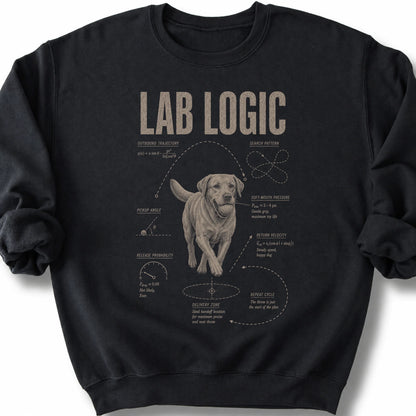 Labrador Retriever Logic on a Black crewneck sweatshirt, shown flat