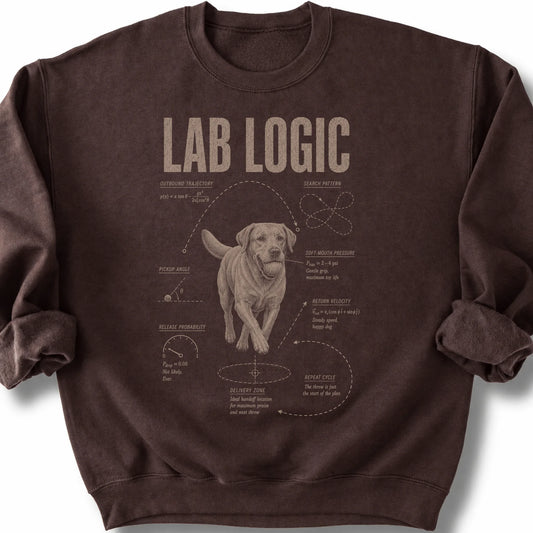 Labrador Retriever Logic on a Dark Chocolate crewneck sweatshirt, shown flat