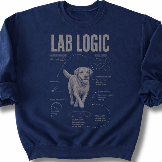 Labrador Retriever Logic on a Navy crewneck sweatshirt, shown flat