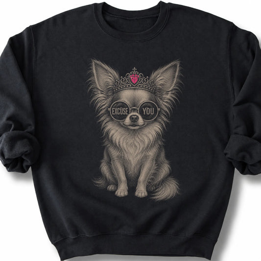 Chihuahua Long-Haired Excuse You on a Black crewneck sweatshirt, shown flat
