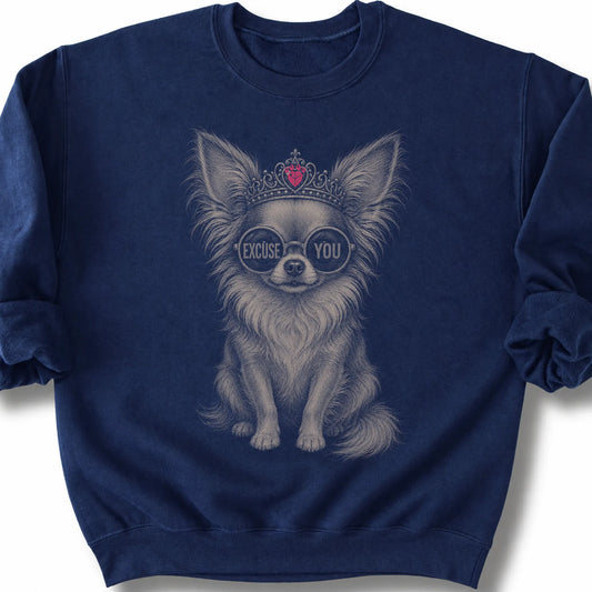 Chihuahua Long-Haired Excuse You on a Navy crewneck sweatshirt, shown flat