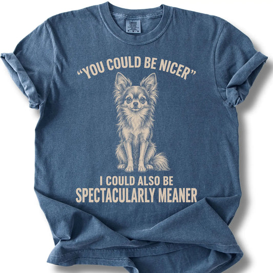 Long-Haired Chihuahua Guard Dog design on a Denim Comfort Colors T-shirt, shown flat