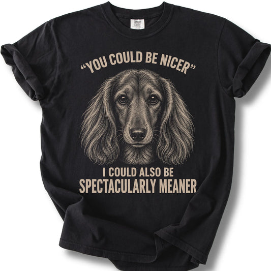 Long-Haired Dachshund Guard Dog design on a Black Comfort Colors T-shirt, shown flat