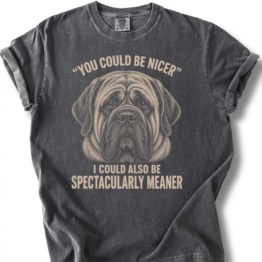 Mastiff Guard Dog design on a Pepper Comfort Colors T-shirt, shown flat