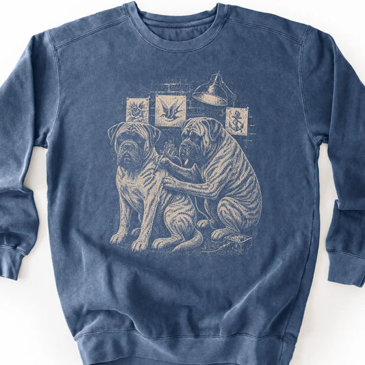 Mastiff Tattoo on a Denim crewneck sweatshirt, shown flat