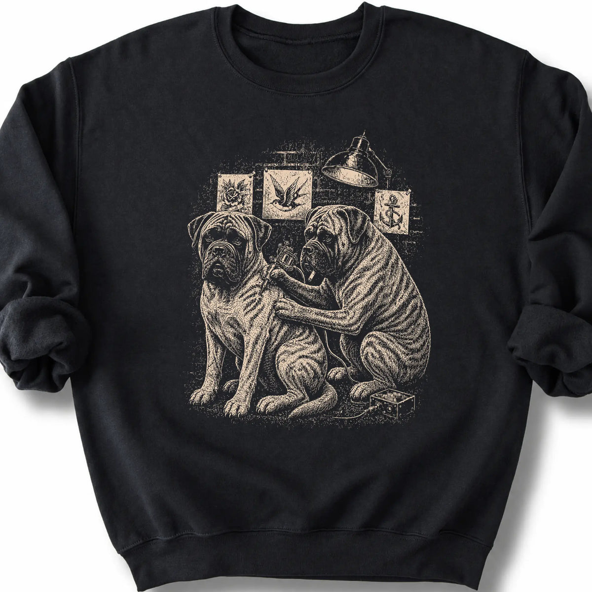 Mastiff Tattoo on a Black crewneck sweatshirt, shown flat