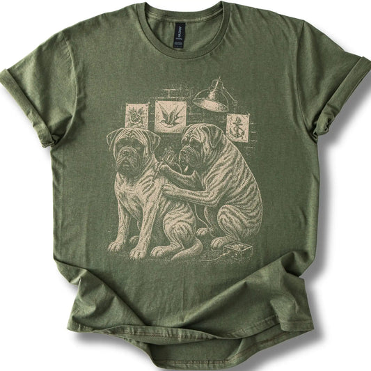 Mastiff Tattoo on a Military Green T-shirt, shown flat