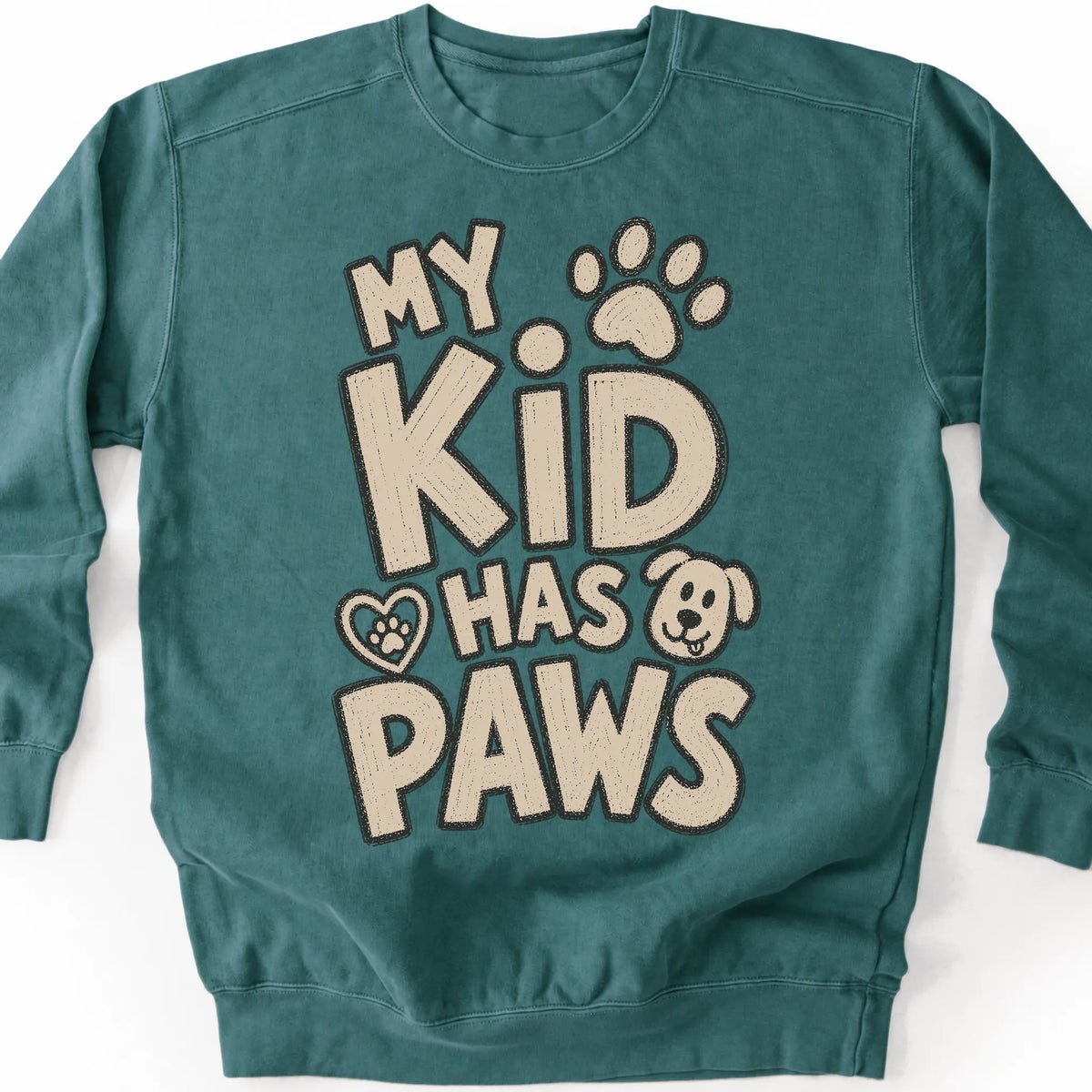 My kid has paws on a Blue Spruce crewneck sweatshirt, shown flat